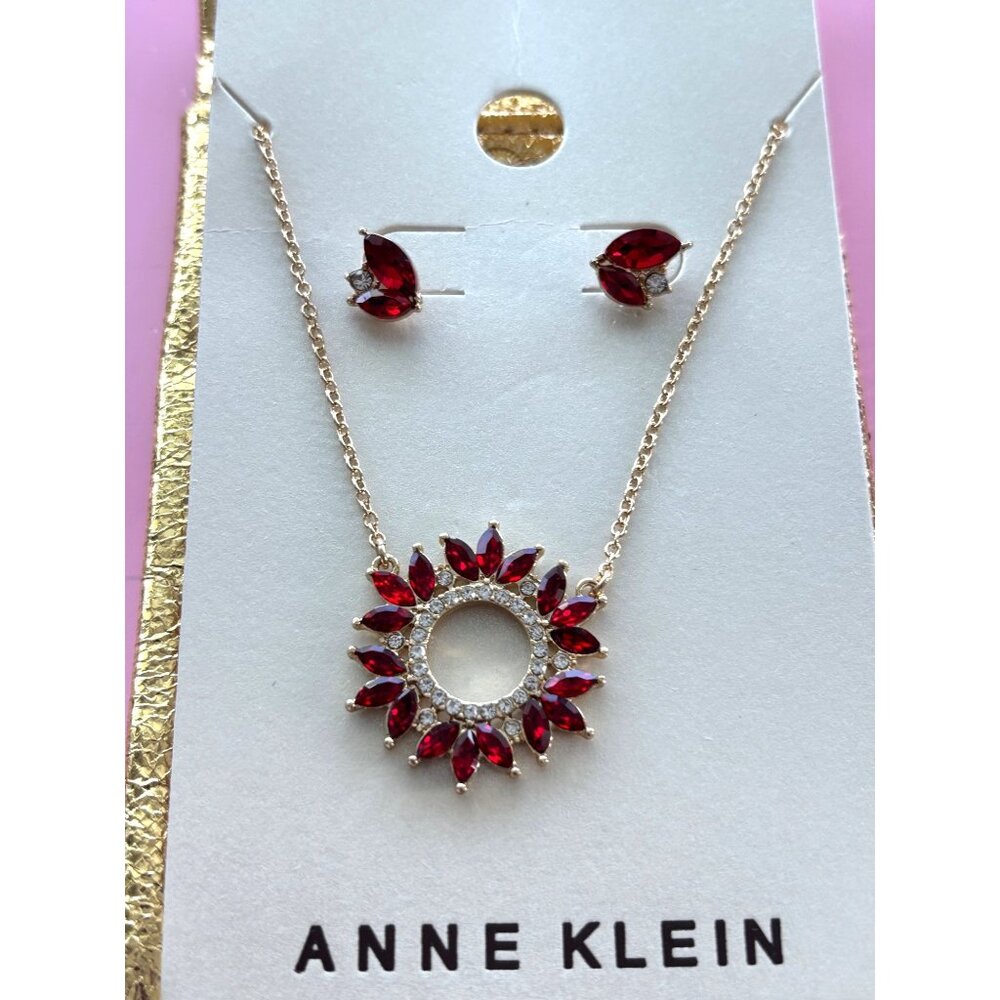 Anne Klein Gold-Tone Necklace & Earring Set With Red Crystals & Clear Accents